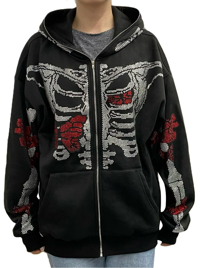 Multitrust Skeleton Hoodie Skull Sweatshirt Rhinestone