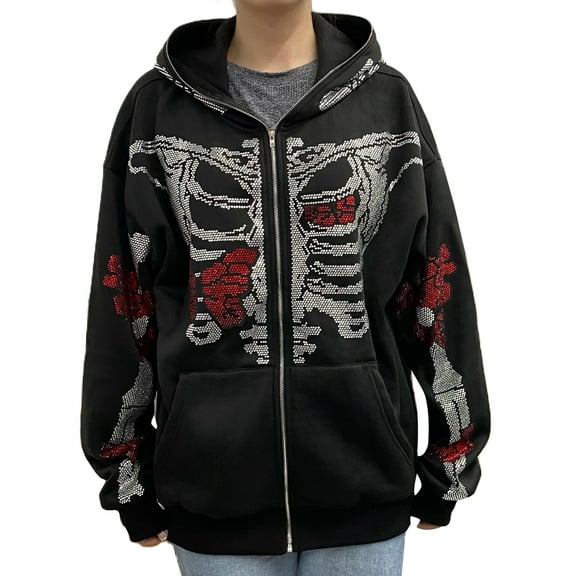 KOMOO Women Zip Up Hoodies Jacket Rhinestones Skull Butterfly Skeleton Long Sleeve Zipper Hooded Sweatshirt Coat