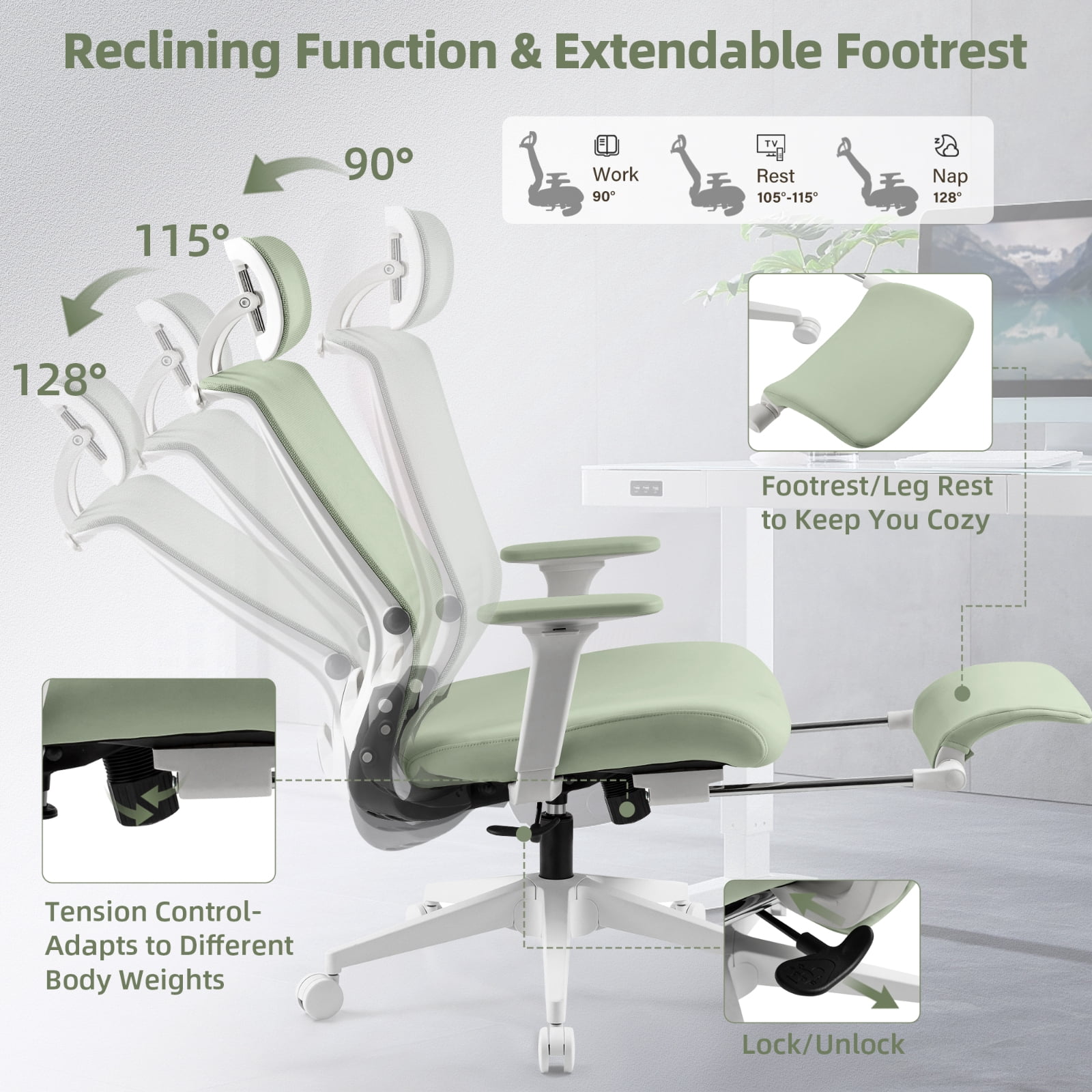 Hforesty Green Foldable Office Chair with Footrest – Ergonomic Mesh Computer Chair, Lumbar Support, Swivel Tilt, 300lbs