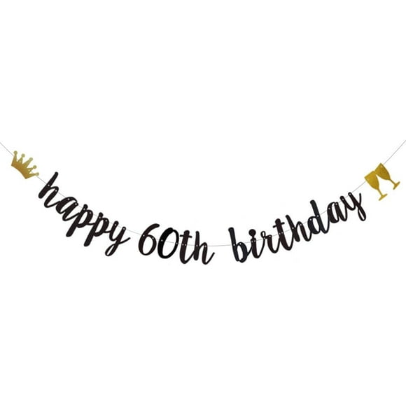 Happy 60th Birthday Banner,Pre-Strung,Black Paper Glitter Party Decorations for 60th Birthday Party Supplies Letters Black