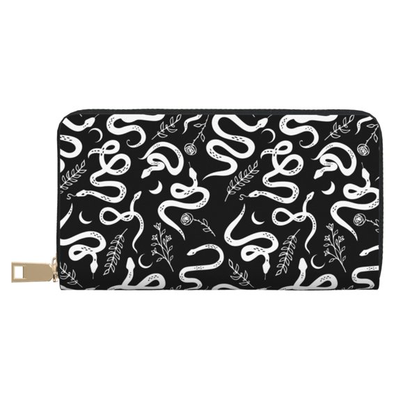 Leather Thin Slim Wallets for Women Men - Sketch Simple White Snake Clutch Card Wallet for Women Men with Zipper