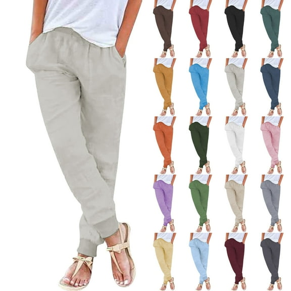 Women's Cotton Linen Pants, Elastic Waist Tapered Ankle Casual Trousers with Pockets, Soft Lightweight Pull On Pants for Daily Wear, Lounge and Outing-Beige
