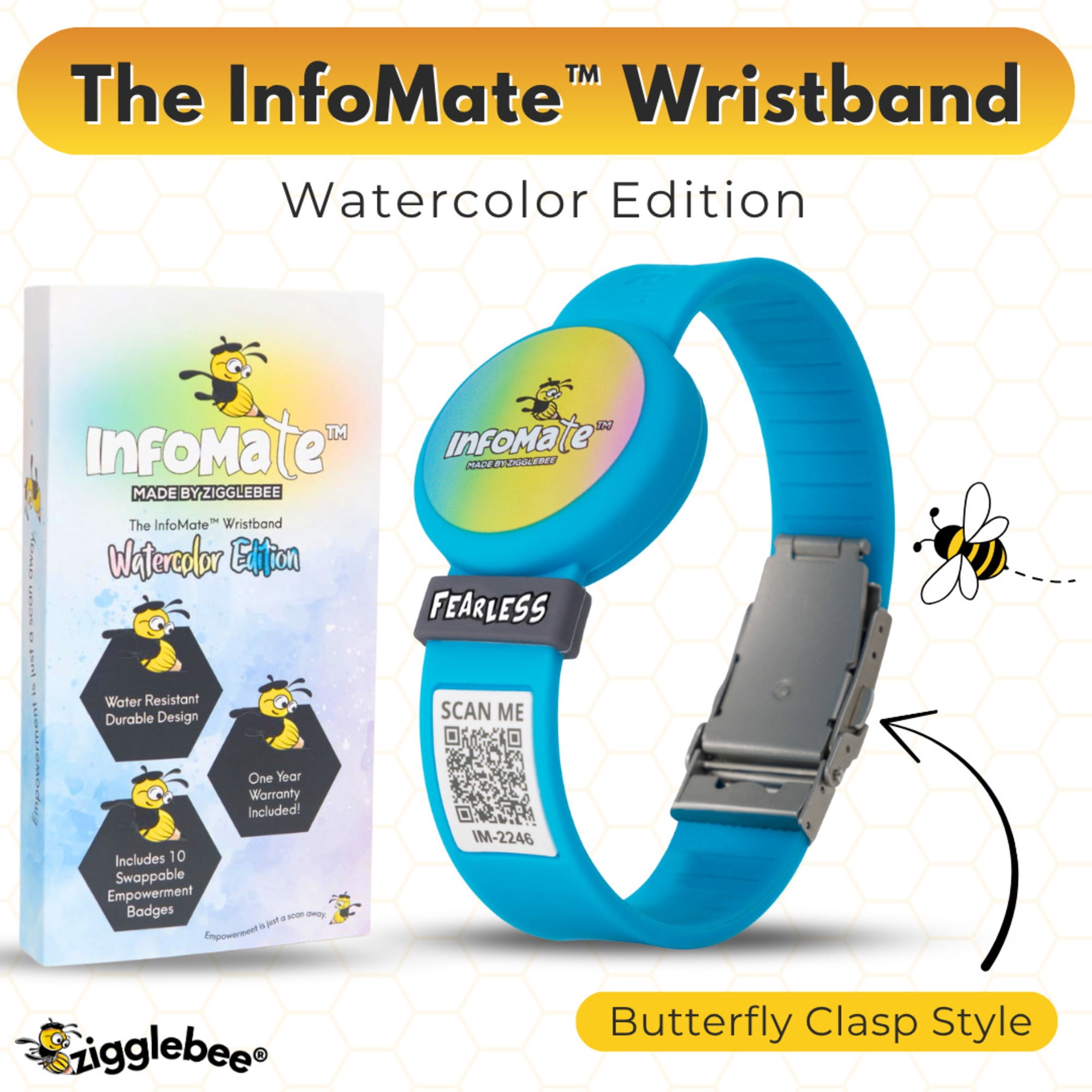InfoMate by Zigglebee QR Code Medical Bracelet and AirTag Holder Wristband, Ocean Blue, Butterfly Clasp