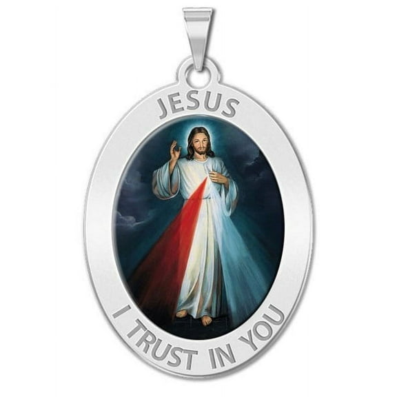 PicturesOnGold.com Divine Mercy Oval Religious Medal Necklace Pendants Color Female Adult - 3/4 inch x 1 inch -Sterling Silver