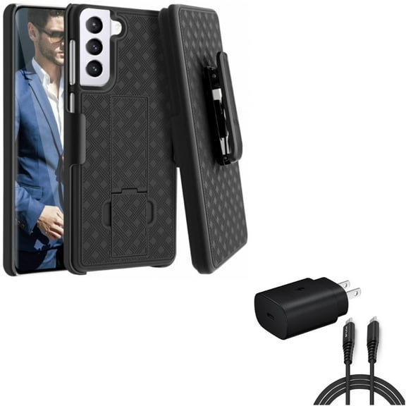 25W Fast Home Charger w Case Belt Clip for Samsung Galaxy S21 Plus - PD Type-C 6ft USB-C Cable , Holster Swivel Cover