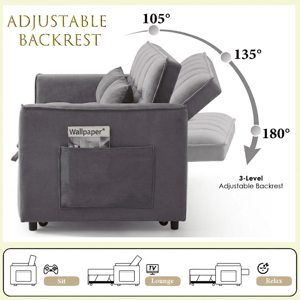 WAKEFIT 54" Pull-Out Sleeper Sofa Bed,3-in-1 Convertible Loveseat Couch with Adjustable Backrest for Small Living Room,Velvet,Dark Gray