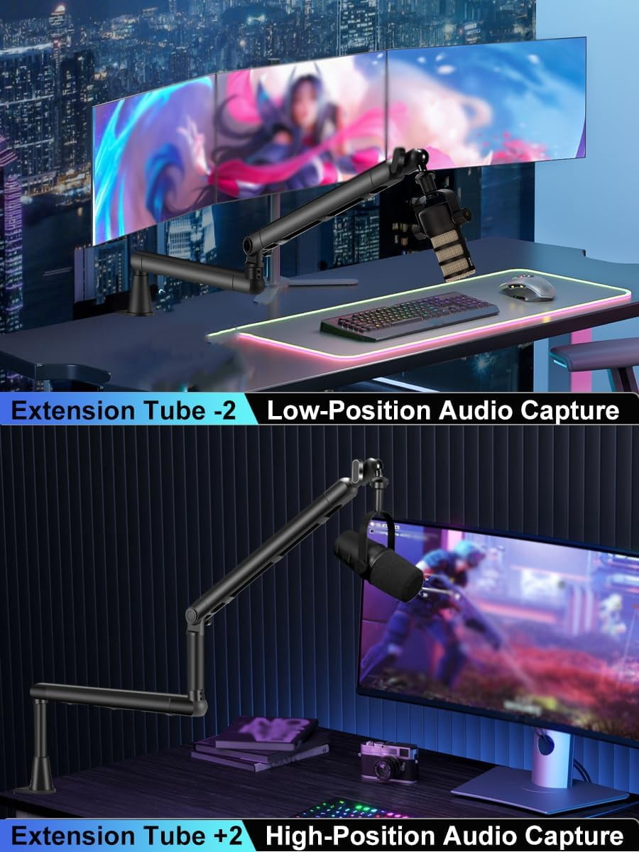Low  Mic Arm Stand Adjustable Desk Clamp with 360 Swivel Detachable Rise Column Built-In  Management for Podcasting Streaming