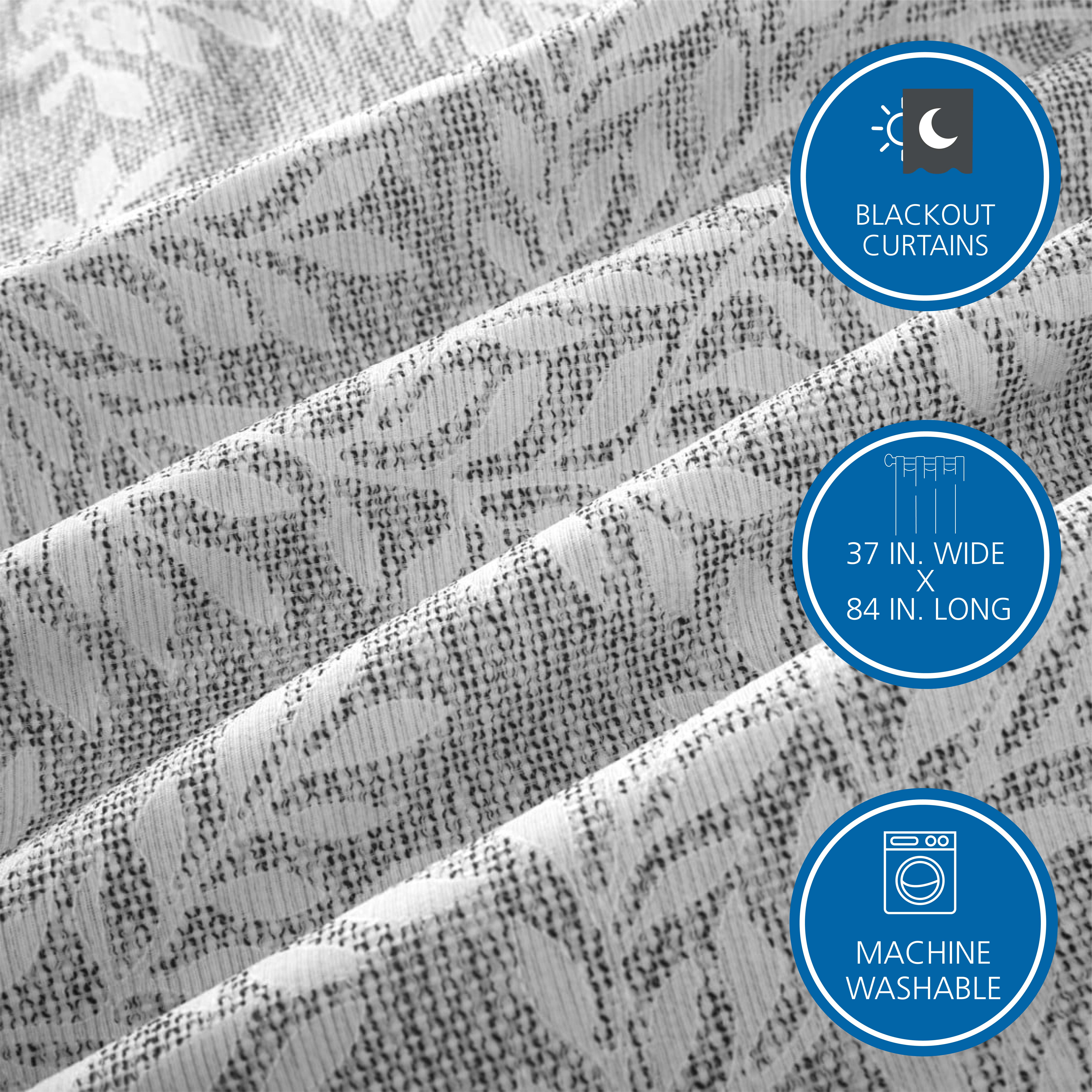 (2 pack) Mainstays Jacquard Blackout Panel Pair, Set of 2 Curtains, Silver Botanical, 37'' W x 84'' L
