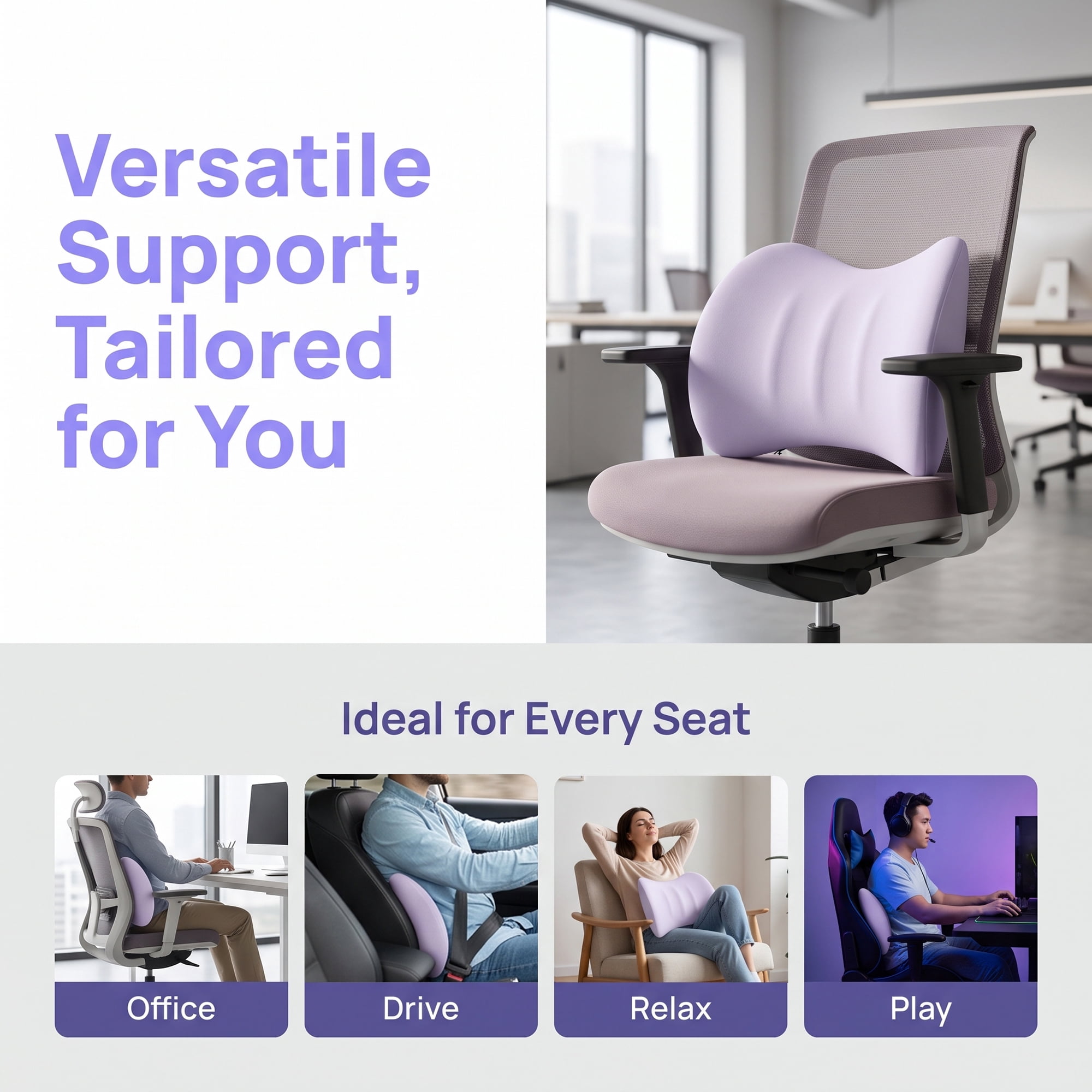 Unique Bargains Lumbar Support Pillow Memory Foam Back Support Purple 16.5" x 3.9" x 12.2"