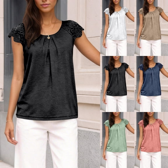 Tshirts Shirts for Women Lace Sleeve Hollow Short Sleeve Round Neck Loose T Shirt Women's Tops Black L