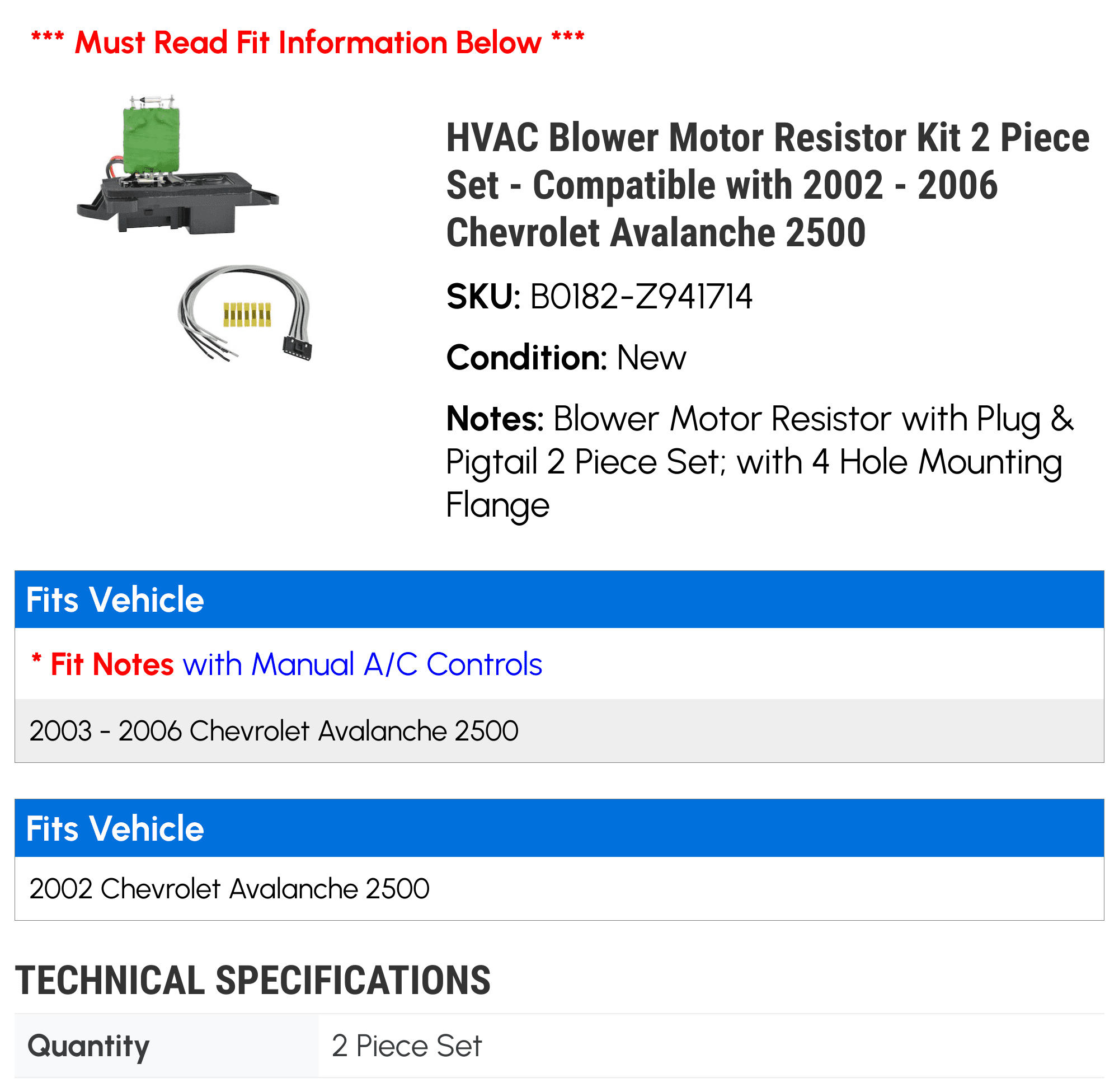 HVAC Blower Motor Resistor Kit 2 Piece Set - Compatible with 2002 - 2006 Chevy Avalanche 2500 2003 2004 2005