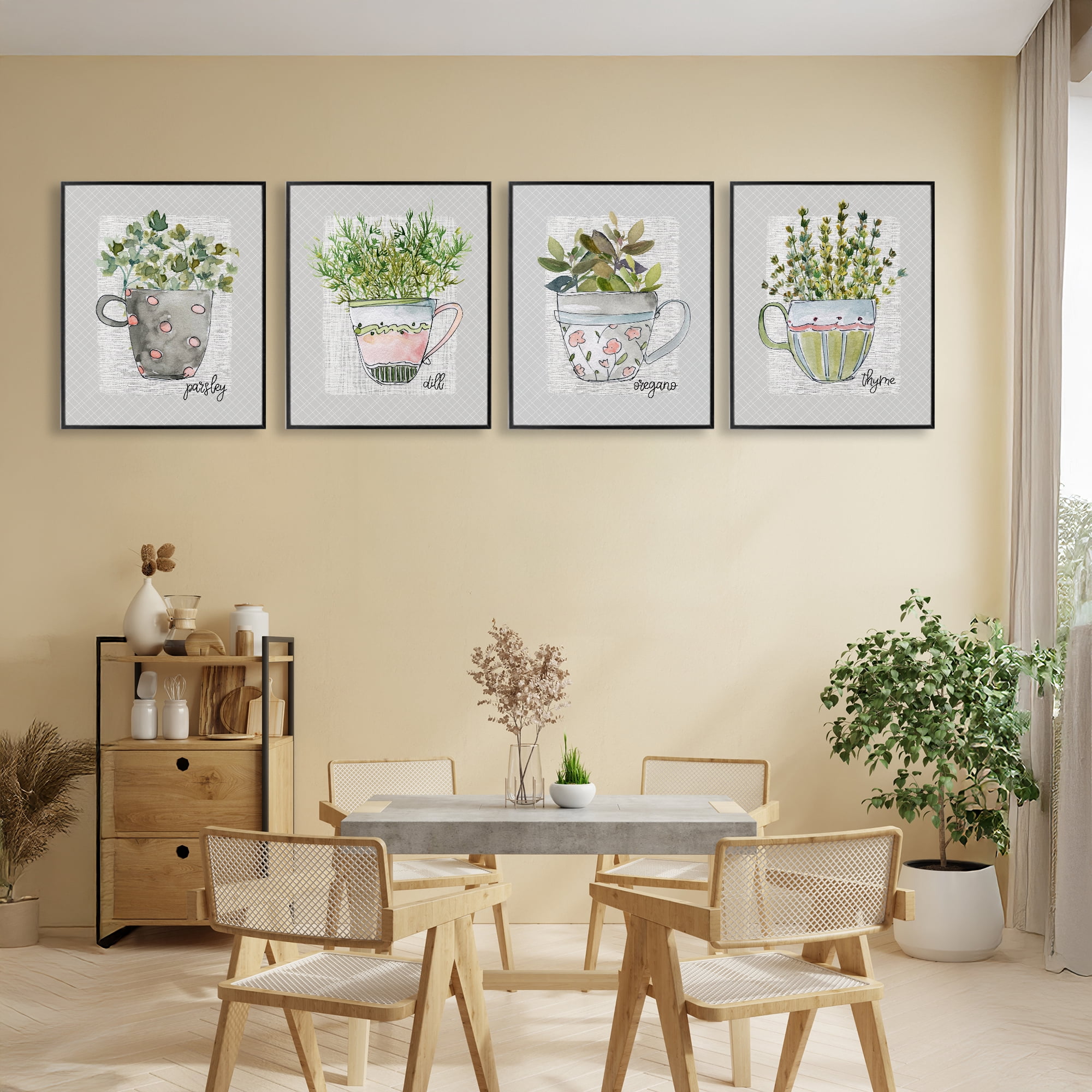 Stupell Industries Kitchen Herbs in Mugs 4 Piece Black Framed Giclee Art Set, design by Livi Finn