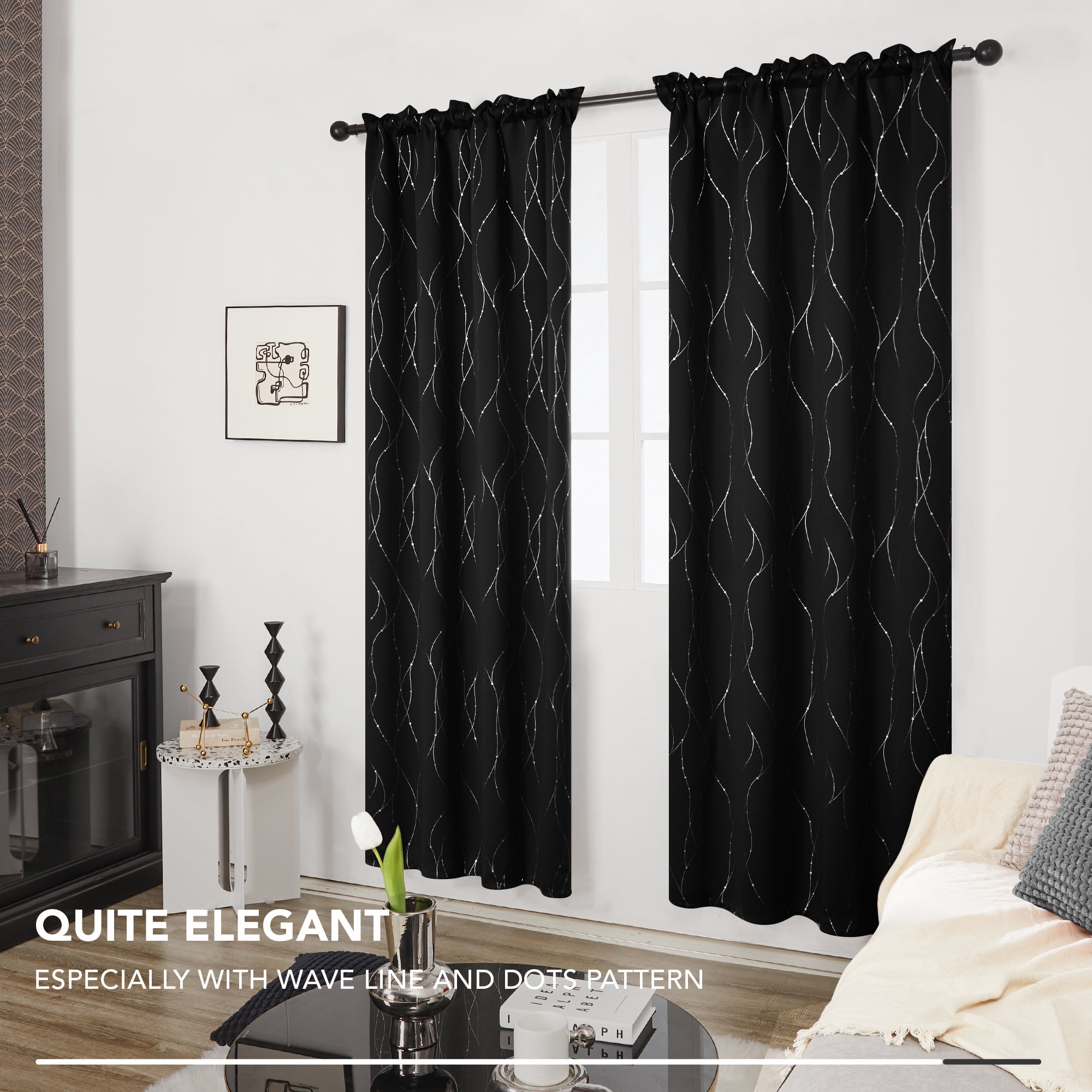 Deconovo Black 42 x 63 inch Blackout Curtains Wave Line Foil Printed Drapes for Bedoom, 2 Panels