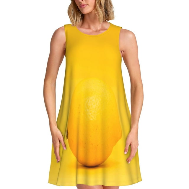 Fotbe Yellow Lemon Vestido de Verano sin Mangas para Mujer – Vestido Midi Línea A, Estilo Camiseta Floral, Vestido Playero Casual y Fluido