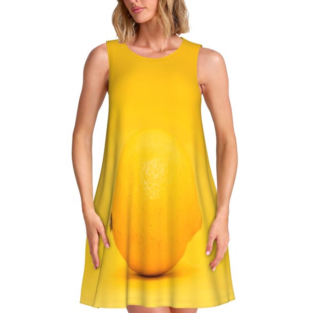 Fotbe Yellow Lemon Vestido de Verano sin Mangas para Mujer – Vestido Midi Línea A, Estilo Camiseta Floral, Vestido Playero Casual y Fluido