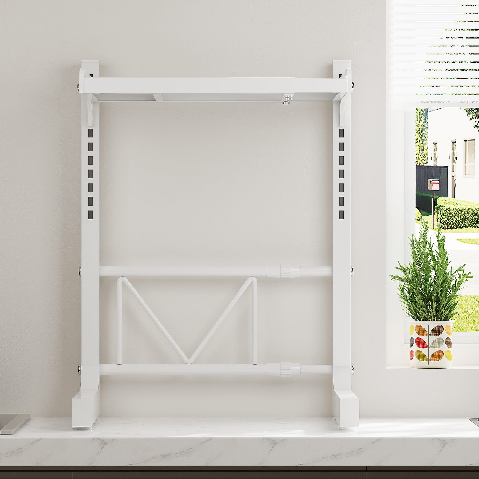 ABCOOL Retractable Adjustable 2 Axial Snap-in Kitchen Baker Microwave Oven Rack, Expandable and Height Adjustable Carbon Steel Shelf Counter Countertop with 3 Clip Hooks, Electric Oven Holder