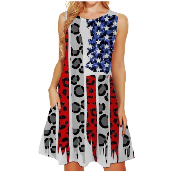 IROINNID Patriotic Dress for Women Round Neck Sleeveless A-Line Dress Print Fashion Summer Casual Summer Dress July 27th Dress