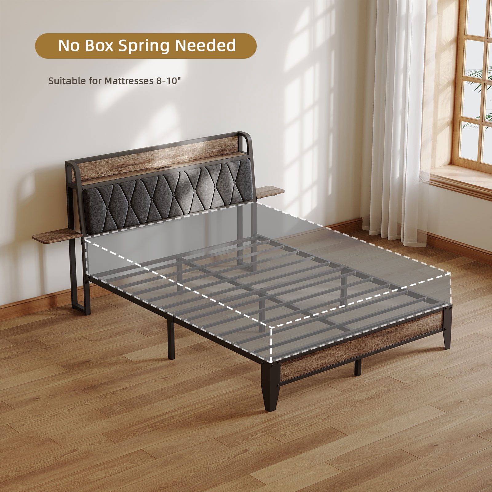 Queen Size Bed Frame with Charging Station, Ergonomic Upholstered Headboard with Side Storage Shelf, Metal Slats Support, Twin Platform Bed Frame, No Box Spring Needed, Black