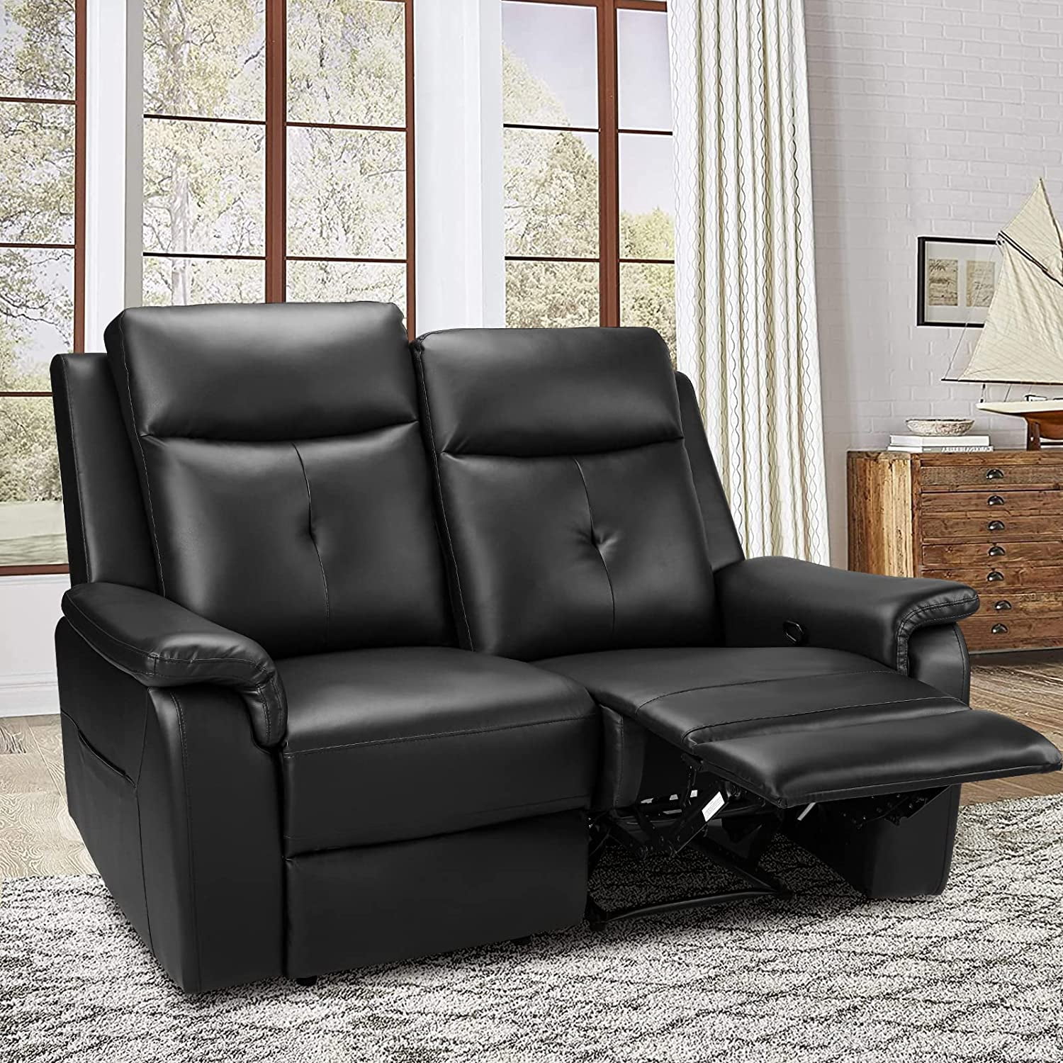 LVUYOYO Modern PU Leather Reclining Loveseat, Black