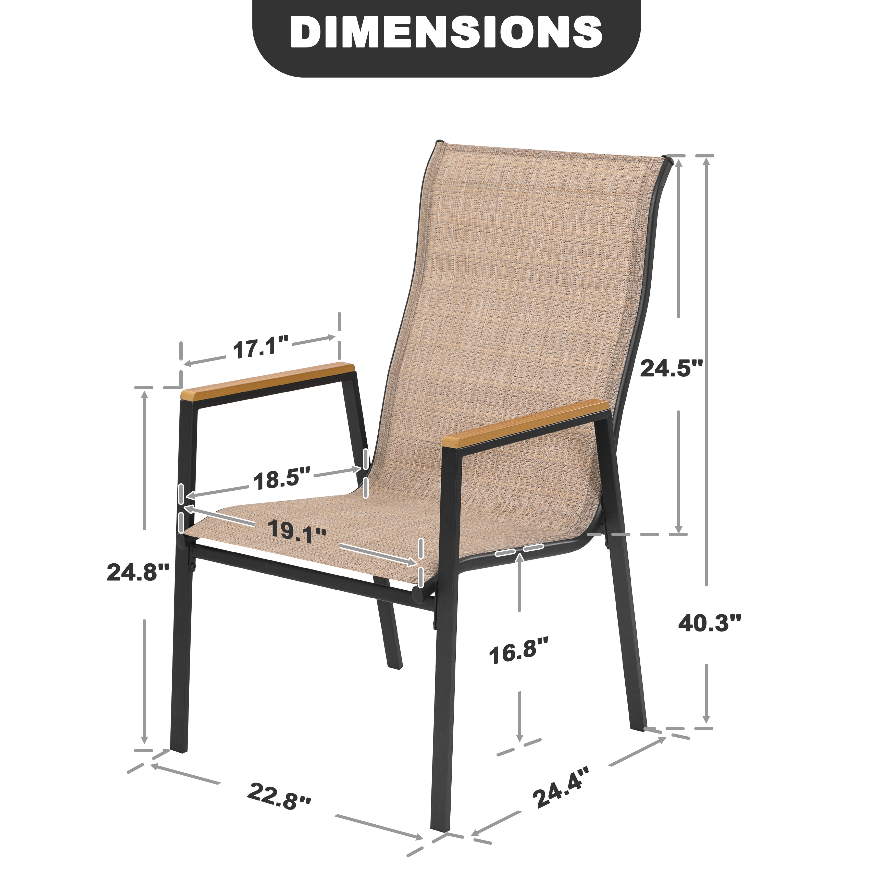 Nuu Garden Outdoor Patio Dining Chairs Set of 4, Stackable Outdoor Dining Chairs with High Back, Wide Seat and Faux Wood Armrests, Breathable Textilene, Powder-Coated Frame for Outside, Khaki