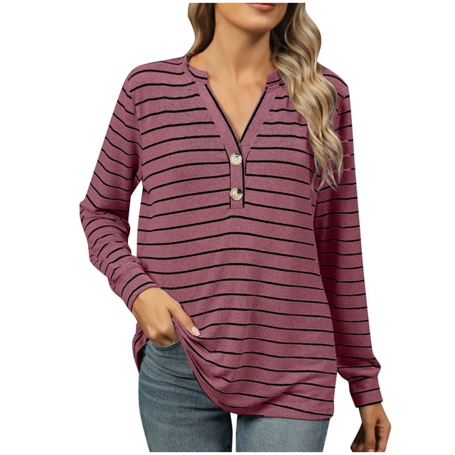 MeetoTime T-Shirt à Manches Longues Rayé pour Femmes Tunique Décontractée à Col en V Boutonnée Tenue Décontractée Douce d'Automne