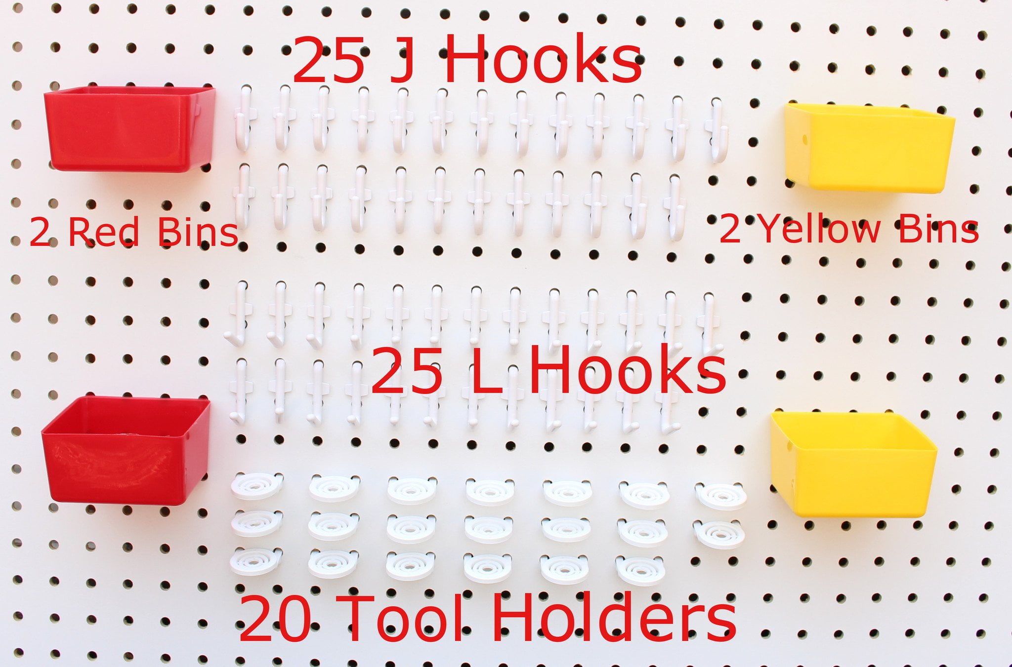 Plastic 74 pc KIT 25 J & L Hooks 20 Tool holders 4 Bins PEGBOARD NOT INCLUDED 