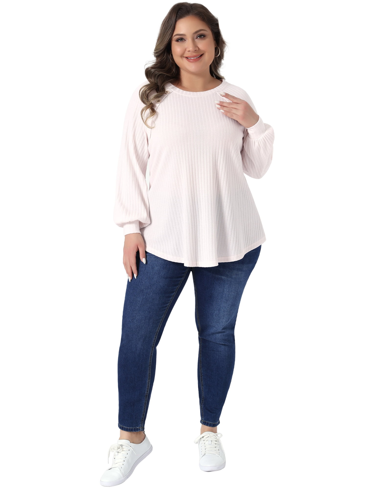 DARING DIVA Women's Plus Tops Crew Neck Button Decor Pullover Blouses 2X Light Pink