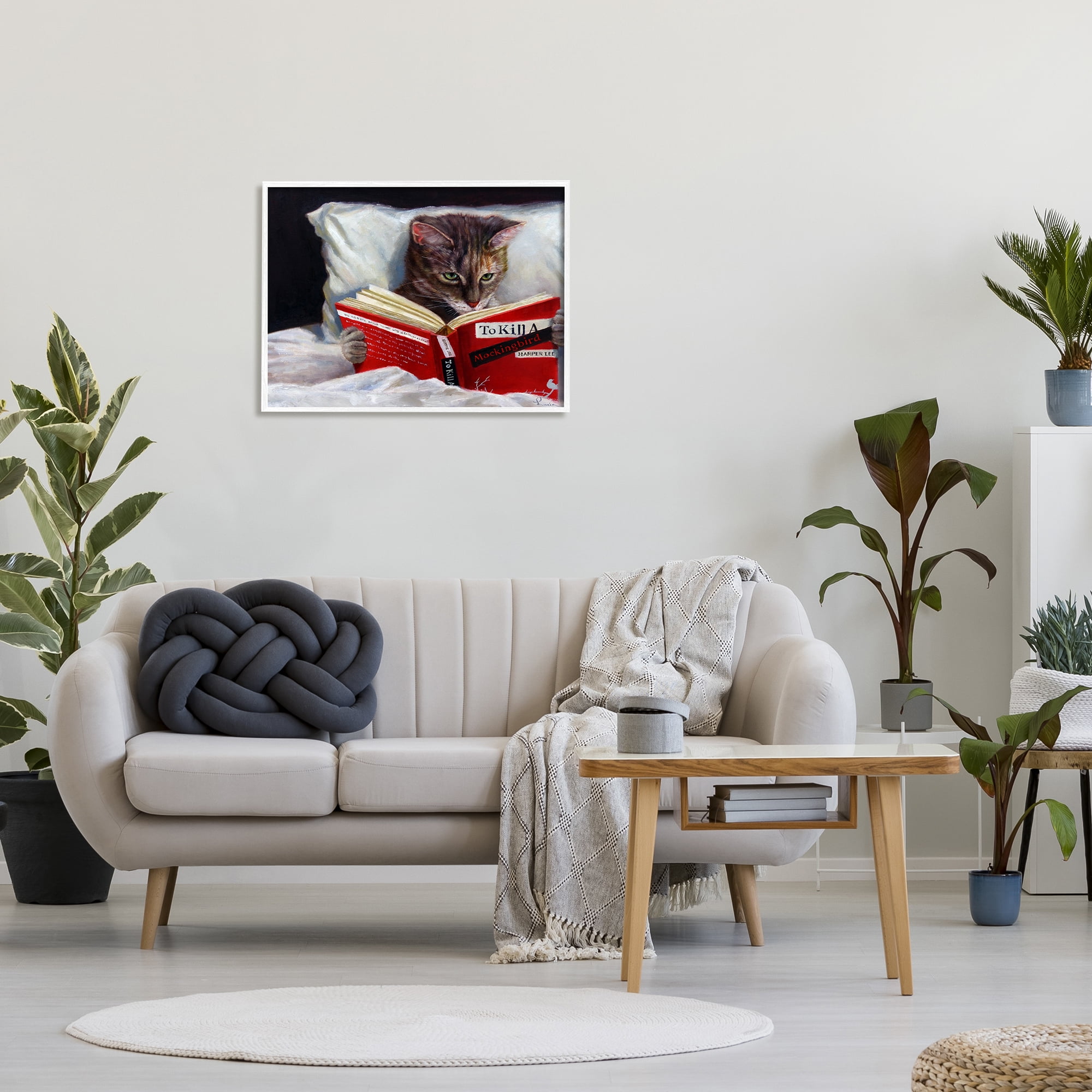 Stupell Industries Cat Reading a Book in Bed Funny Painting, 24 x 30,Design by Lucia Heffernan