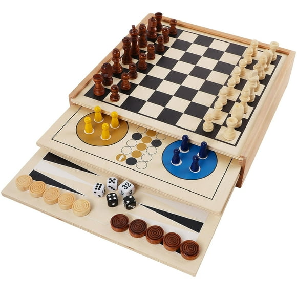 Juegoal 7-in-1 Wooden Board Game Set for Kids Adults, Tabletop Combo Classic Travel Portable Board Games (Chess, Checkers, Chinese Checkers, Backgammon, Parcheesi, Snake