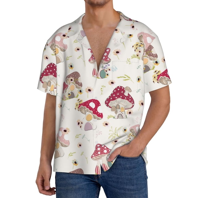 Fotbe Floral Mushroom Camisa Estampada de Manga Corta para Hombre, Casual de Verano, Estilo Playero, Sin Arrugas-Small