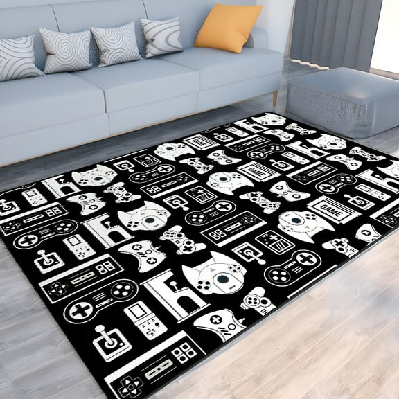 LAMIRO Game Rug Teen Boys Carpet with Game Controller Decoration,3D Gaming Rugs for Boys Bedroom Living Room Playroom,Non-Slip Gamer Carpet Children Gaming Area Rugs (Black&White,47" x 31.5")