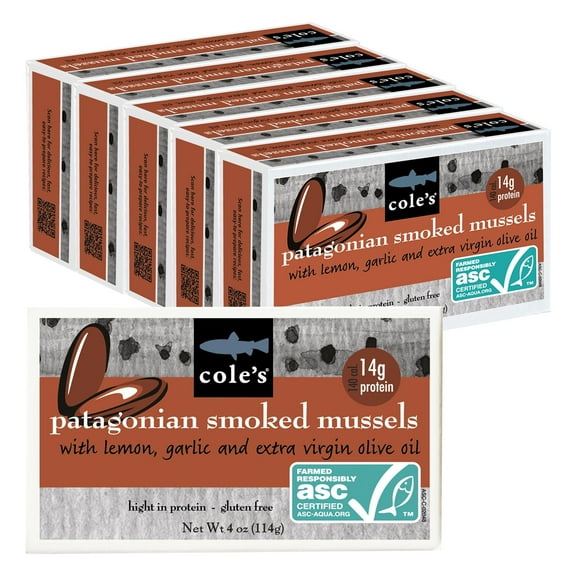 COLE´S PATAGONIAN SMOKED MUSSELS IN EXTRA VIRGIN OLIVE OIL WITH LEMON AND GARLIC (5 PACK)