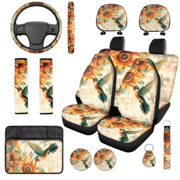 HUIACONG Car Interior Set, with Car Seat Covers Steering Wheel Cover Seat Protectors, Sunflower & Hummingbird Anti Slip Durable Car Seat Cover Set