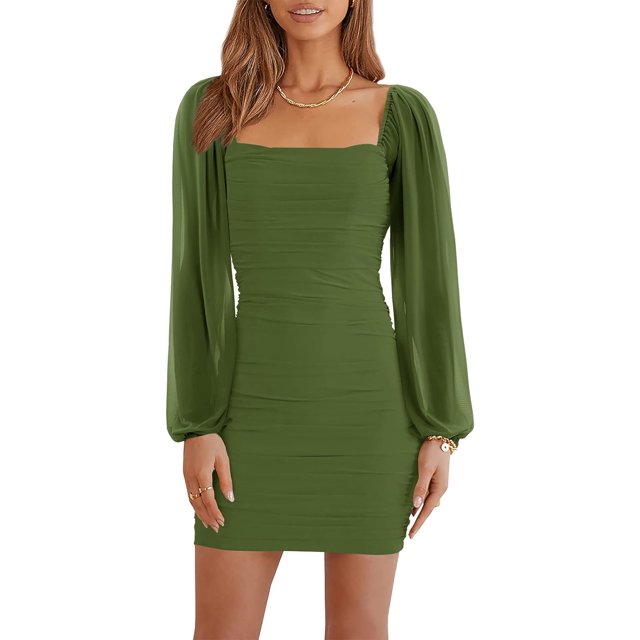 HAHDAXIA Robe Moulante Mini à Manches Longues en Maille pour Femmes, Col Carré Froncé, Soirée Club