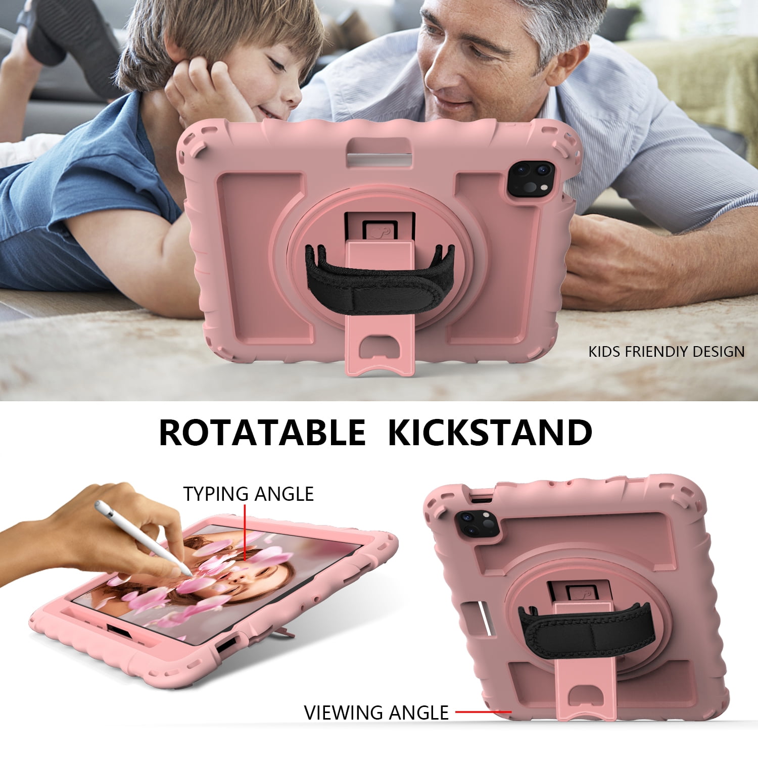 Allytech iPad Air 5 4 10.9 Case 2022/2020, Heavy Duty Shockproof Kids Case with Pencil Holder Hand Strap Kickstand Shoulder Strap for Apple iPad Air 5th 4th Generation 10.9 Inch -Rosegold