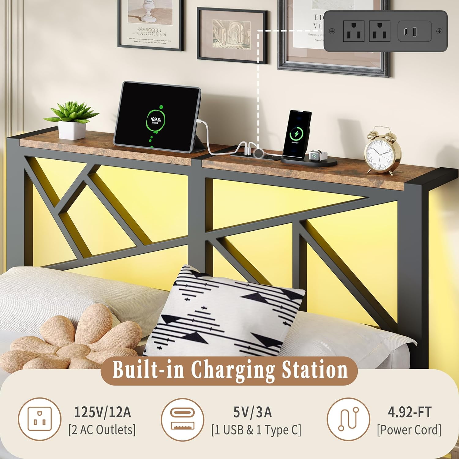 ChicZhiNest King Size Bed Frame with LED Light Storage Headboard, Metal Platform Bed Frame King with 2 USB Ports and Outlets, Noise Free Design, Black