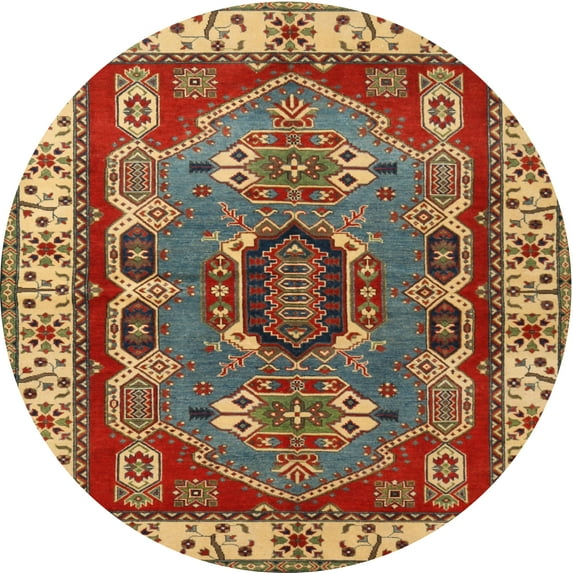 Ahgly Company Indoor Round Traditional Fire Brick Red Geometric Area Rugs, 4' Round