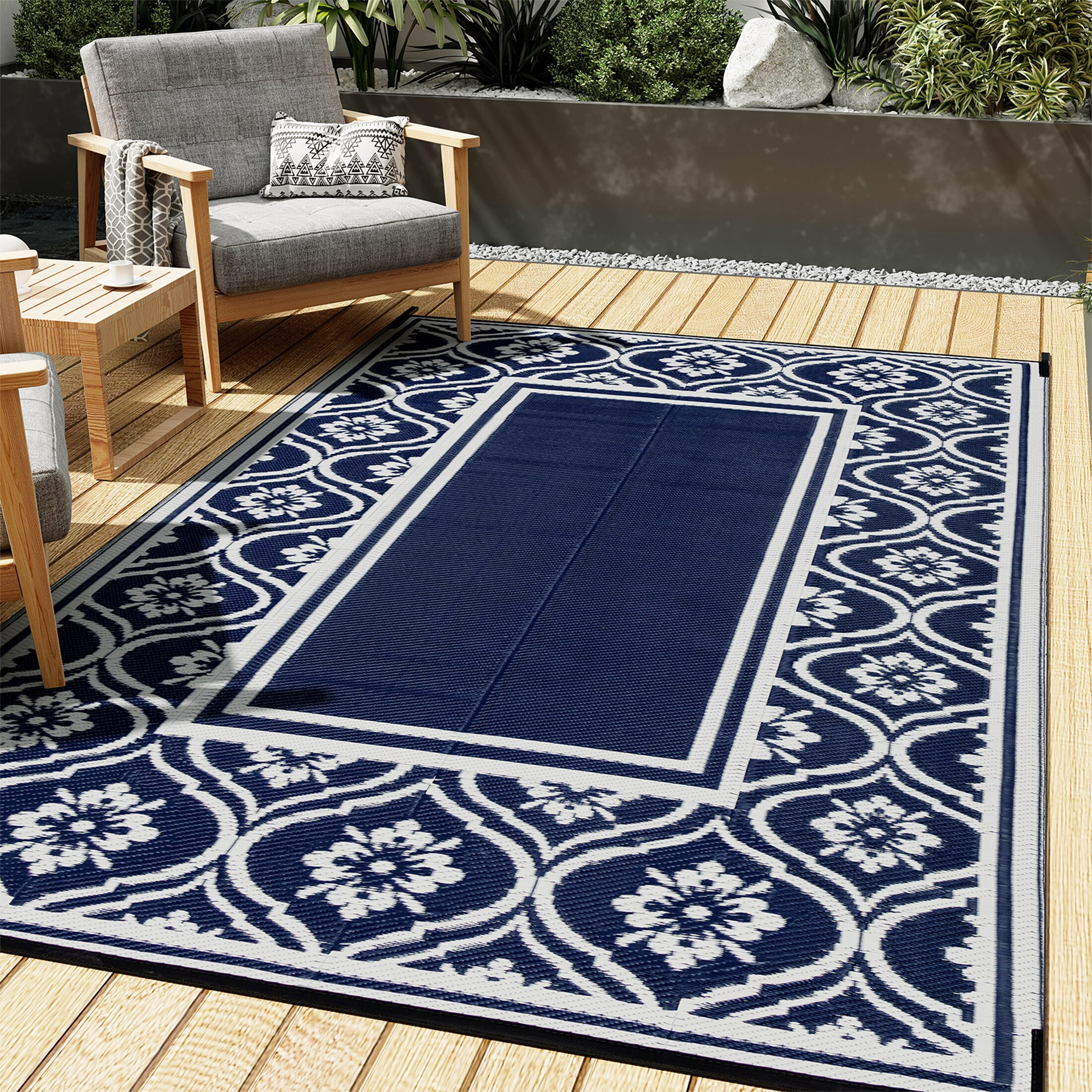 HUGEAR Plastic Outdoor Rug Waterproof Area Rug Geometric Patio Rug