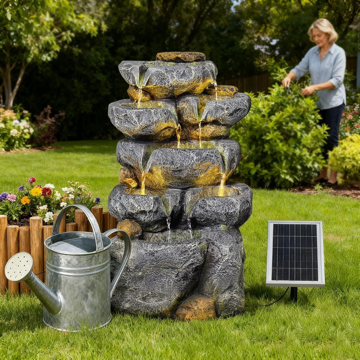 5 Tiered Solar Powered Water Fountain, Solar Water Fountain Outdoor Garden Cascading Rock Water Fall Fountains Outside with Lights for Backyard, Patio, Deck, Porch, 24" H x 13.39" L x 9.6" W