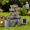 thumbnail image 2 of 5 Tiered Solar Powered Water Fountain, Solar Water Fountain Outdoor Garden Cascading Rock Water Fall Fountains Outside with Lights for Backyard, Patio, Deck, Porch, 24" H x 13.39" L x 9.6" W, 2 of 9