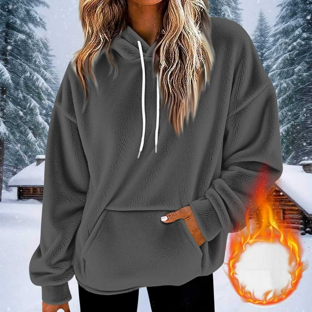 HongQid Womens Fuzzy Hoodies Pullover Sport Hoodie Cozy Oversized Pockets Hooded Sweatshirt Athletic Fleece Hoodies