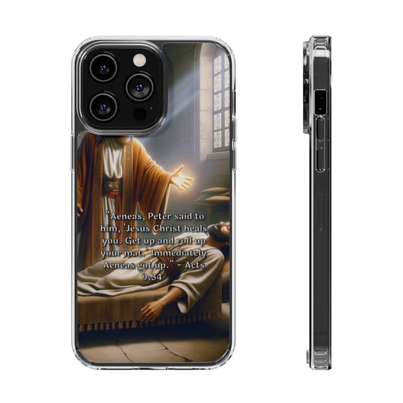 DistinctInk Hybrid (Acrylic / TPU) Clear Slim Fit Case for Apple iPhone 14 Pro (6.1" Screen) - "Aeneas' Healing: Acts 9:34 - Jesus' Miraculous Power Demonstrated"