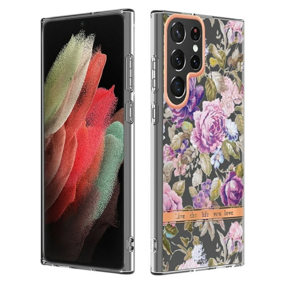 SaniMore for Samsung Galaxy S22 Ultra Case, Flexible TPU Magnetic Cover Support Wireless Charging Slim Flower Grass Pattern Shockproof Protective Shell for Ladies Women Girls, Rosegold Flowers
