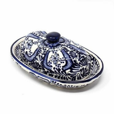 Encantada MC129F Handmade Pottery Butter Dish, Blue Flower