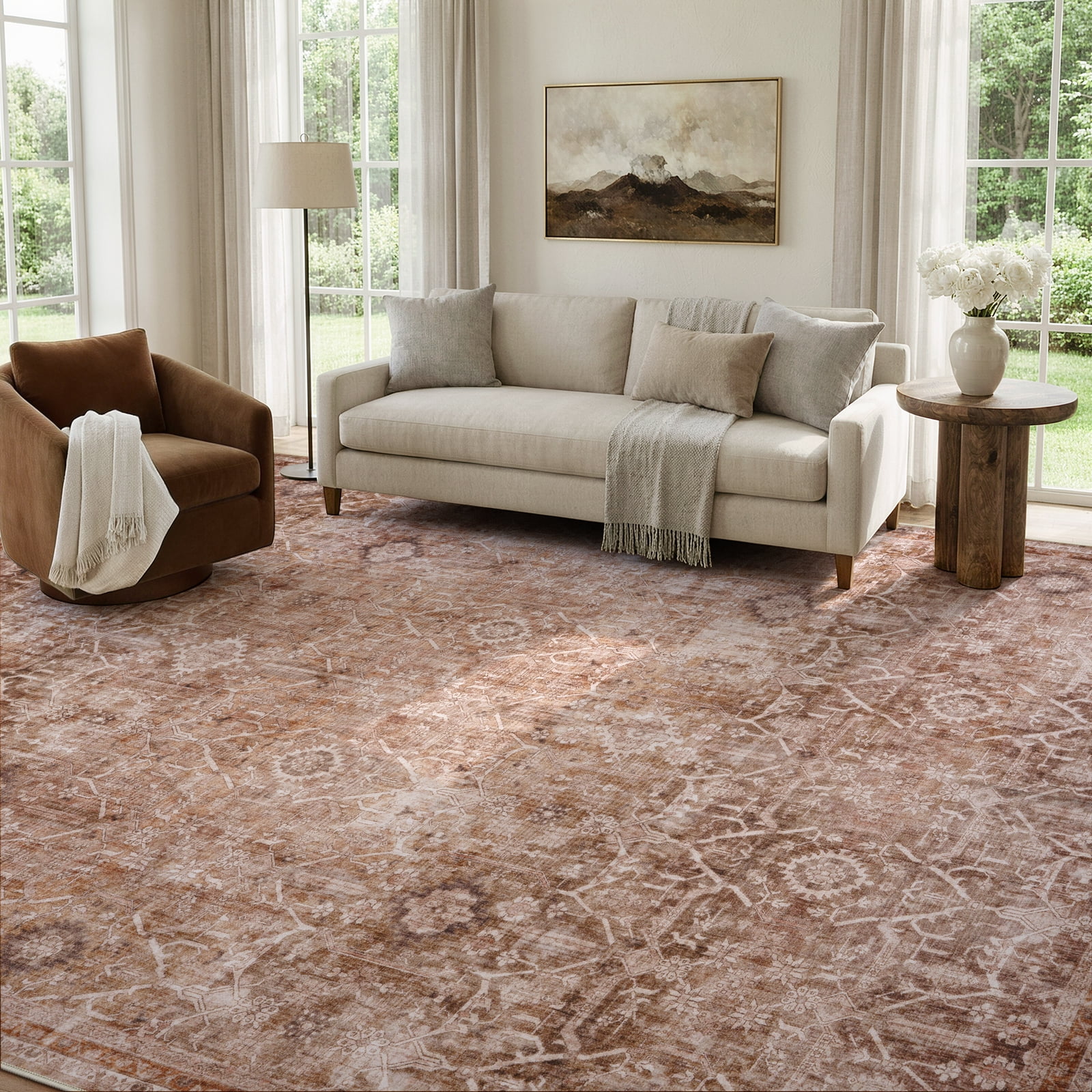 Lahome Extra Large Washable Rug 9x12 Terracotta - Farmhouse Vintage Carpet for Living Room, Dining Space, Bedroom, Office and Classroom, Low Pile Stain Resistant Floor Rug