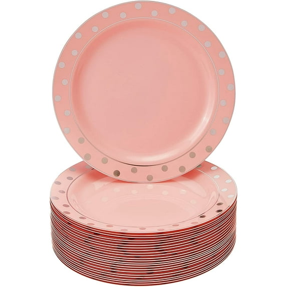 Elegant Disposable Blush Plates For Party - (24 Pc) Heavy Duty Disposable Salad Plates 7.5”, Fine Plastic Dishes For Elegant China Look, Great for Birthday Parties, Events, Dining & Servings, Silver