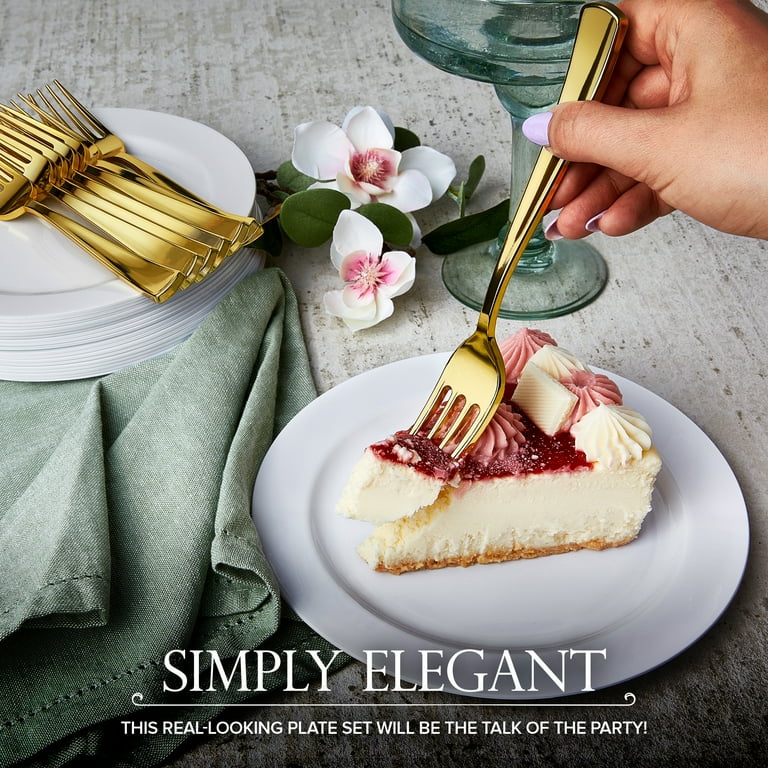 200 Pcs White Plastic Dessert Plates for Weddings and Gold Plastic Forks 7.5 Wedding Cake Plates and Forks Elegant Salad Appetizer Plates Disposable for Party Thanksgiving Reception Walmart