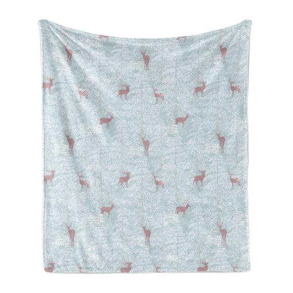 Deer Soft Flannel Fleece Blanket, Winter Forest Background with Reindeer Abstract Fir Tree Pattern Snowy Nature, Cozy Plush for Indoor and Outdoor Use, 70" x 90", Bluegrey Dried Rose, by Ambesonne