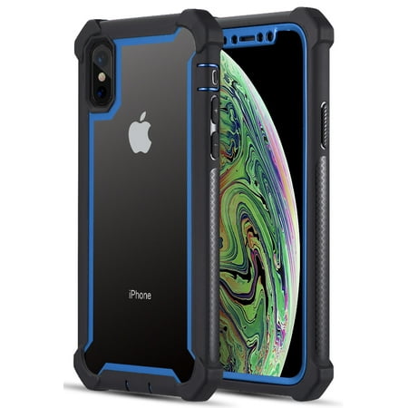 Case for iPhone X/Xs, Nakedcellphone Blue Rugged TPU Rubber Cover [100% Transparent Clear Acrylic Hard Backside] Hybrid Anti-Shock Skin [with Port Covers] for Apple iPhone X/Xs/10/10s