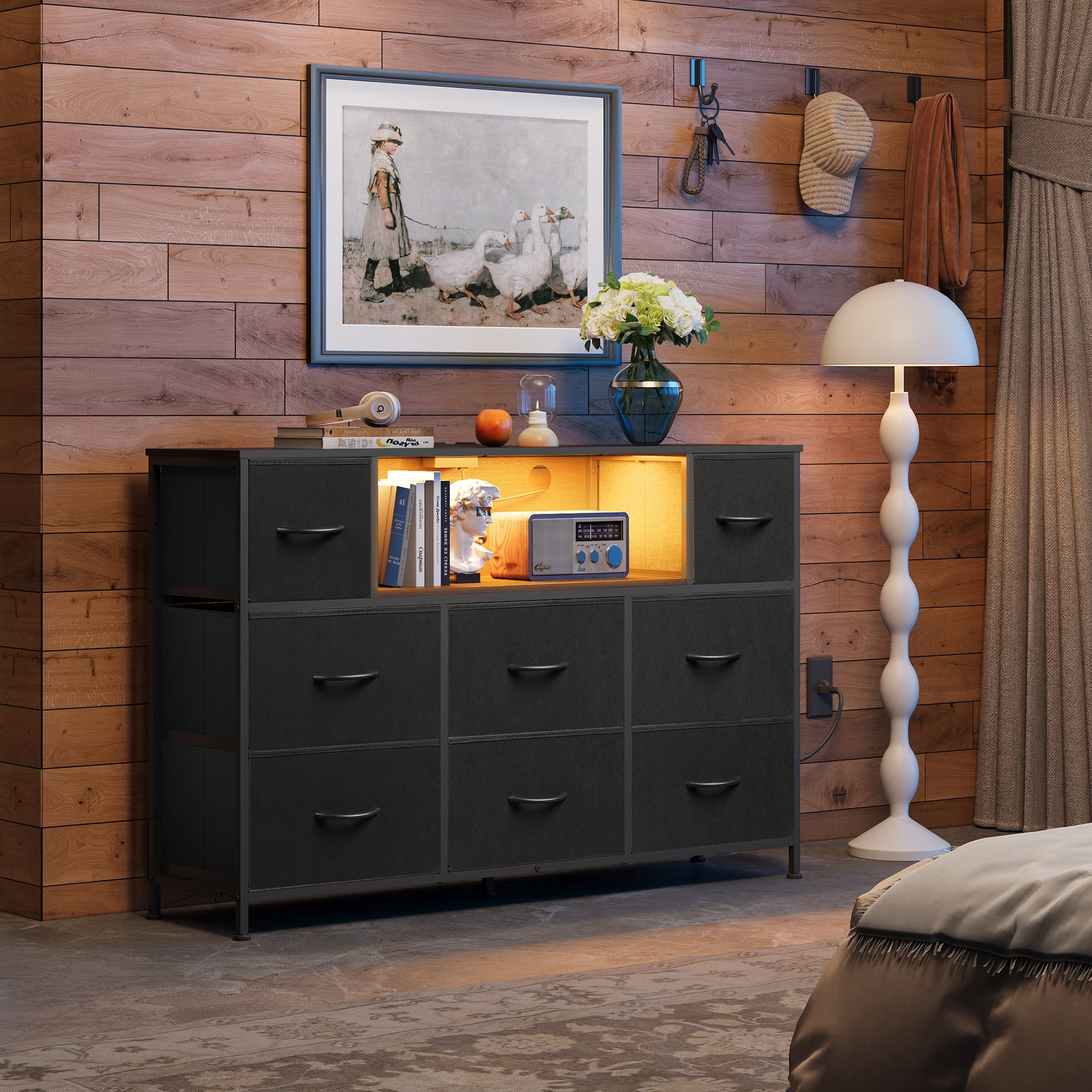 GALAXHERO 8-Drawer Dressers for Bedroom, Dresser TV Stand for 55'' TV with LED Lights and Power Outlets, Fabric Chest of Drawers for Living Room, Entryway, Black